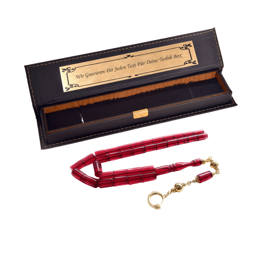 TMN I Roter Tesbih I Quaste aus 925er Sterlingsilber I Vergoldet I Halbmond und Stern I Mit Box und Box-Textoption I Hochwertiges Material - Tesbih Mit Namen