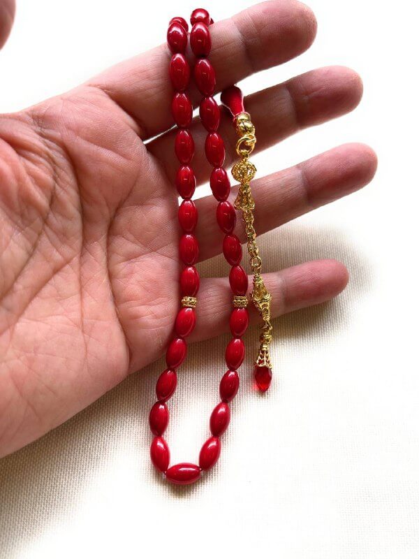 TMN I Rote Perlen Tasbih I 925 Sterling Silber Quaste I Vergoldet I Mit Box und Box-Textoption I Hochwertiges Material- Original Koralle, MERCAN - Tesbih Mit Namen