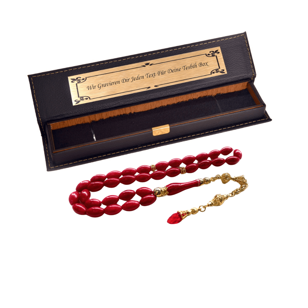 TMN I Rote Perlen Tasbih I 925 Sterling Silber Quaste I Vergoldet I Mit Box und Box-Textoption I Hochwertiges Material- Original Koralle, MERCAN - Tesbih Mit Namen