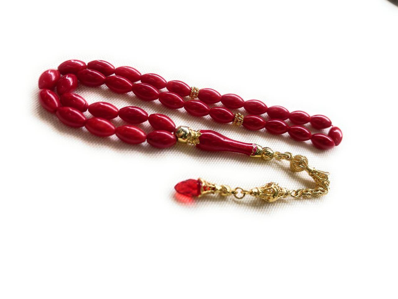 TMN I Rote Perlen Tasbih I 925 Sterling Silber Quaste I Vergoldet I Mit Box und Box-Textoption I Hochwertiges Material- Original Koralle, MERCAN - Tesbih Mit Namen