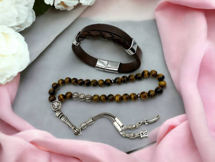 Gebetskette Mit Namen, Kombination Mit Echt Leder Armband, Tesbih Set, 33 Perlen Mit Zülfikar Anhänger