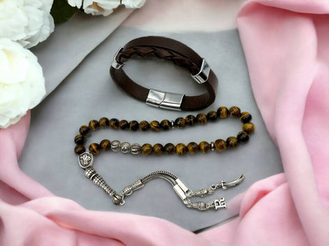 Gebetskette Mit Namen, Kombination Mit Echt Leder Armband, Tesbih Set, 33 Perlen Mit Zülfikar Anhänger