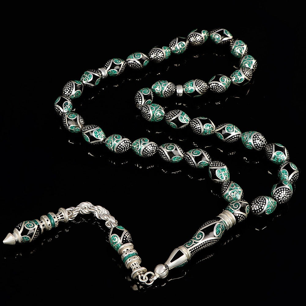 Emaille-Verzierter 925er Silber-Gebetswürfel – Türkisblau, Verziert, Besondere Perlenform, 38 g