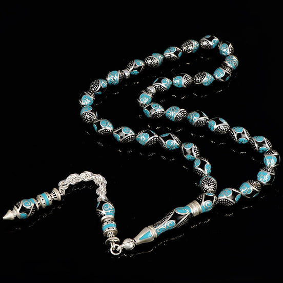 Emaille-Verzierter 925er Silber-Gebetswürfel – Schwarz-Silber, Arabesken, Besondere Perlenform, 38 g