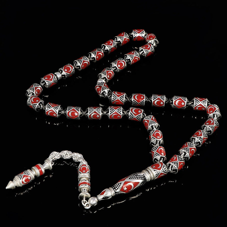 Mineli 925 Ayar Gümüş Tesbih – Türk Bayrağı, Kırmızı-Beyaz, Özel Tane Formu, 40 g
