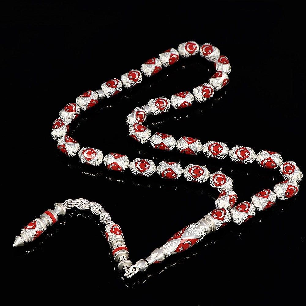 Emaille-beschichtete Gebetskette aus 925er-Sterlingsilber – Türkische Flagge, Türkis-Rot, Besondere Perlenform, 40 g