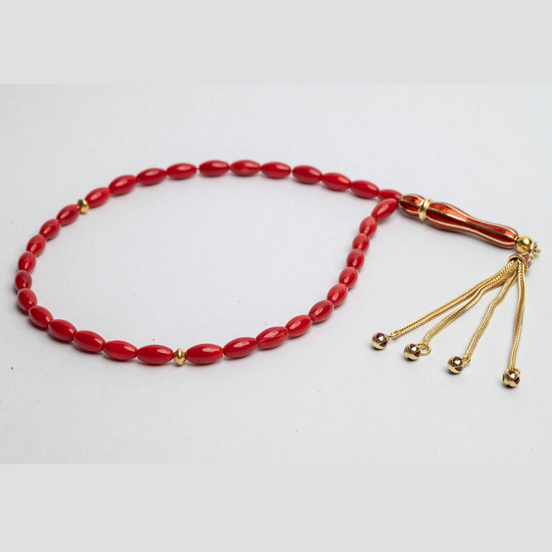 Kırmızı Sedef Doğal Taş Tesbih, Arpa Kesim, 925 Ayar Komple Gümüş Mineli İmame, Elit Tesbih