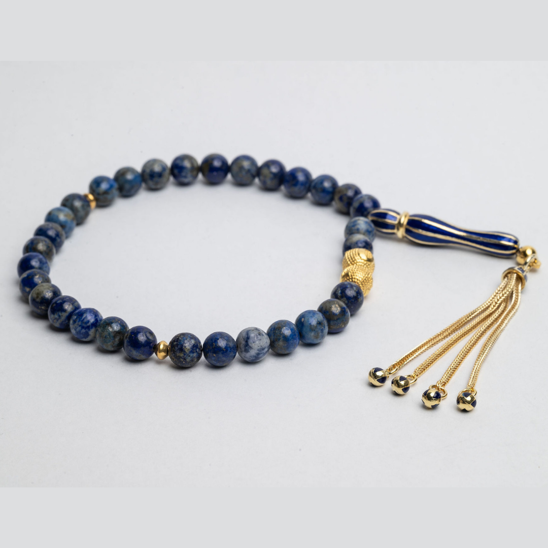 Blauer Stein, Lapislazuli, echtvergoldetes Silber-Buchstaben- und Quasten-Imame, Ofenlack-Imame, Tasbih mit Namen