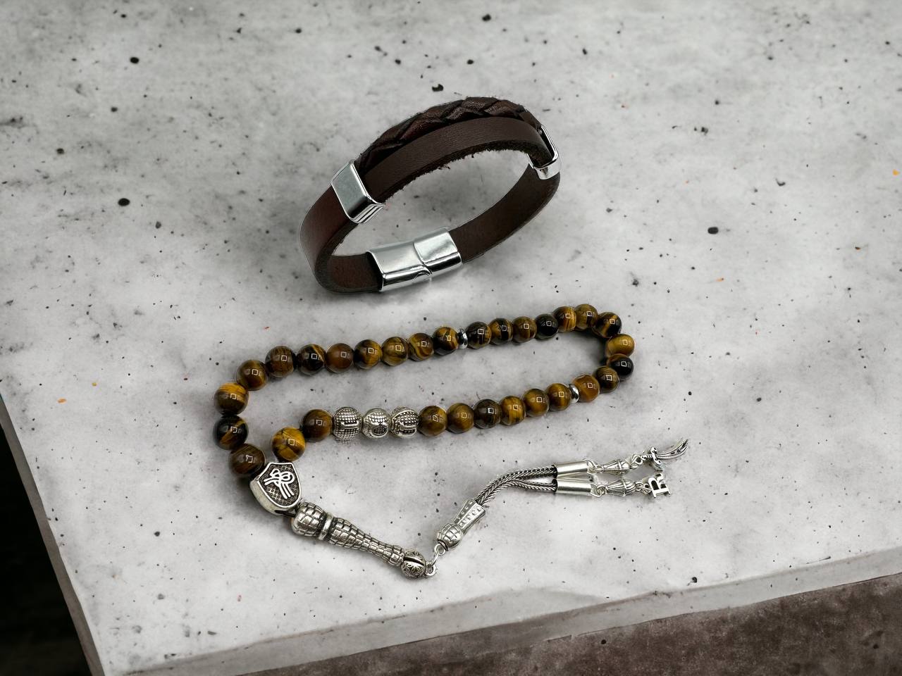Gebetskette Mit Namen, Kombination Mit Echt Leder Armband, Tesbih Set, 33 Perlen Mit Zülfikar Anhänger