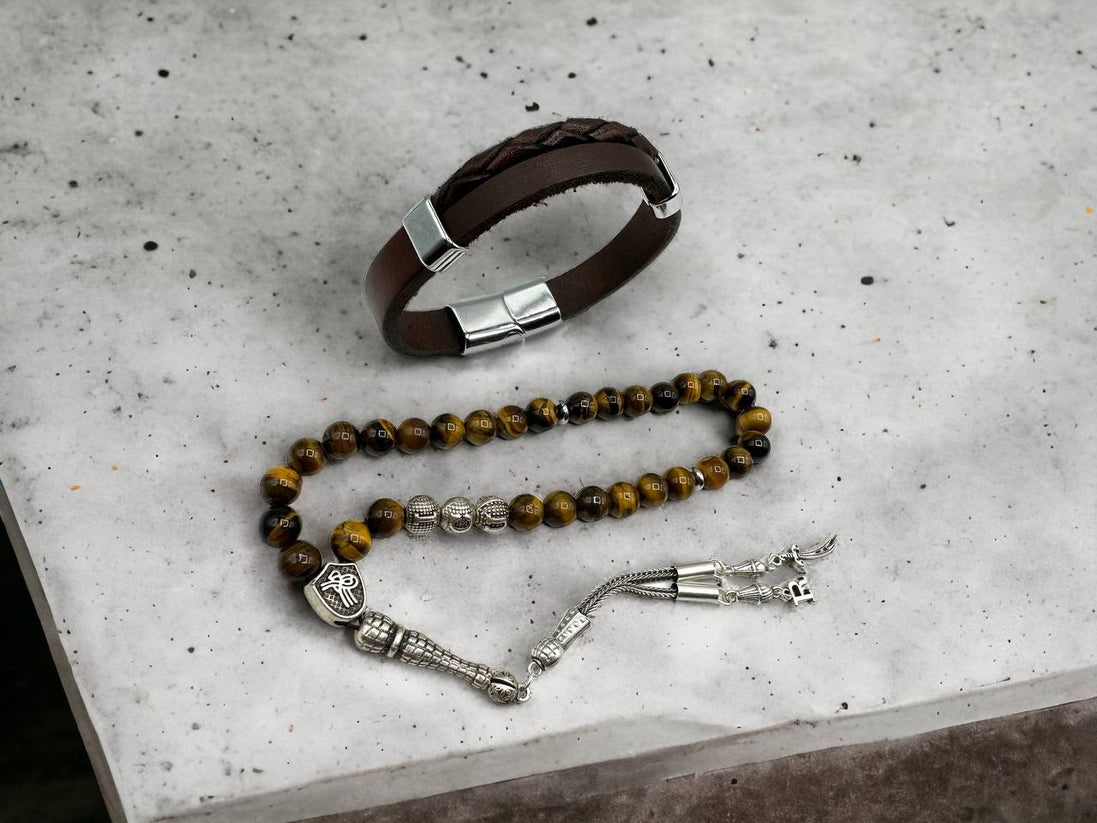 Gebetskette mit Namen, Kombination mit Echtlederarmband, Gebetsketten-Set, 33 Perlen mit Zülfikar-Anhänger