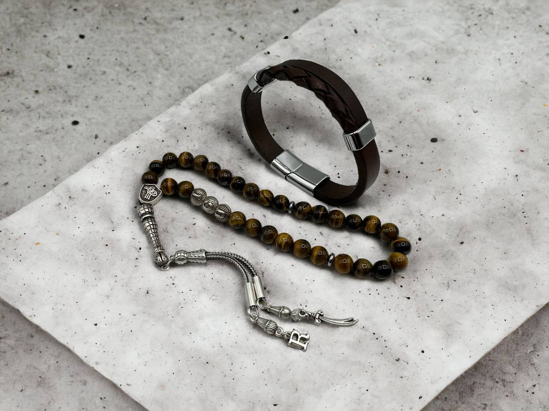 Gebetskette mit Namen, Kombination mit Echtlederarmband, Gebetsketten-Set, 33 Perlen mit Zülfikar-Anhänger