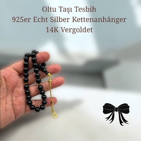 Oltu Tesbih, 925 Ayar Hakiki Gümüş 14 Ayar Altınkaplama Püskül, Harf Seçenekli, 33 Habbe