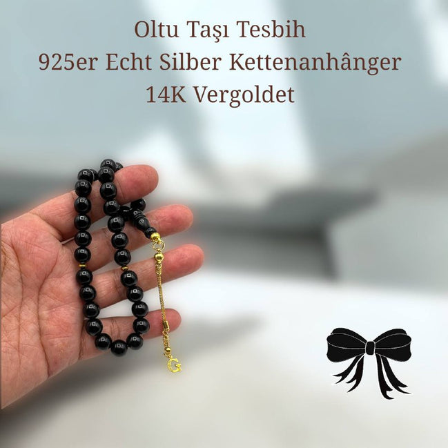 Oltu Tesbih, 925 Ayar Hakiki Gümüş 14 Ayar Altınkaplama Püskül, Harf Seçenekli, 33 Habbe