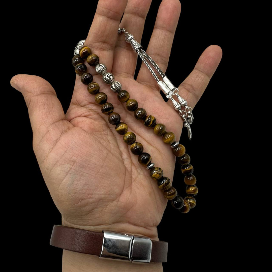 Gebetskette mit Namen, Kombination mit Echtlederarmband, Gebetsketten-Set, 33 Perlen mit Zülfikar-Anhänger