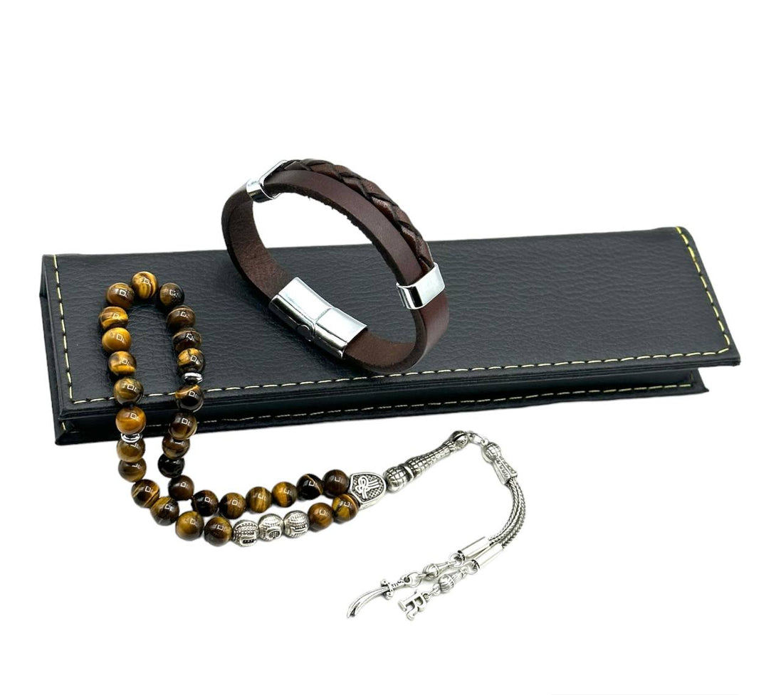 Gebetskette mit Namen, Kombination mit Echtlederarmband, Gebetsketten-Set, 33 Perlen mit Zülfikar-Anhänger