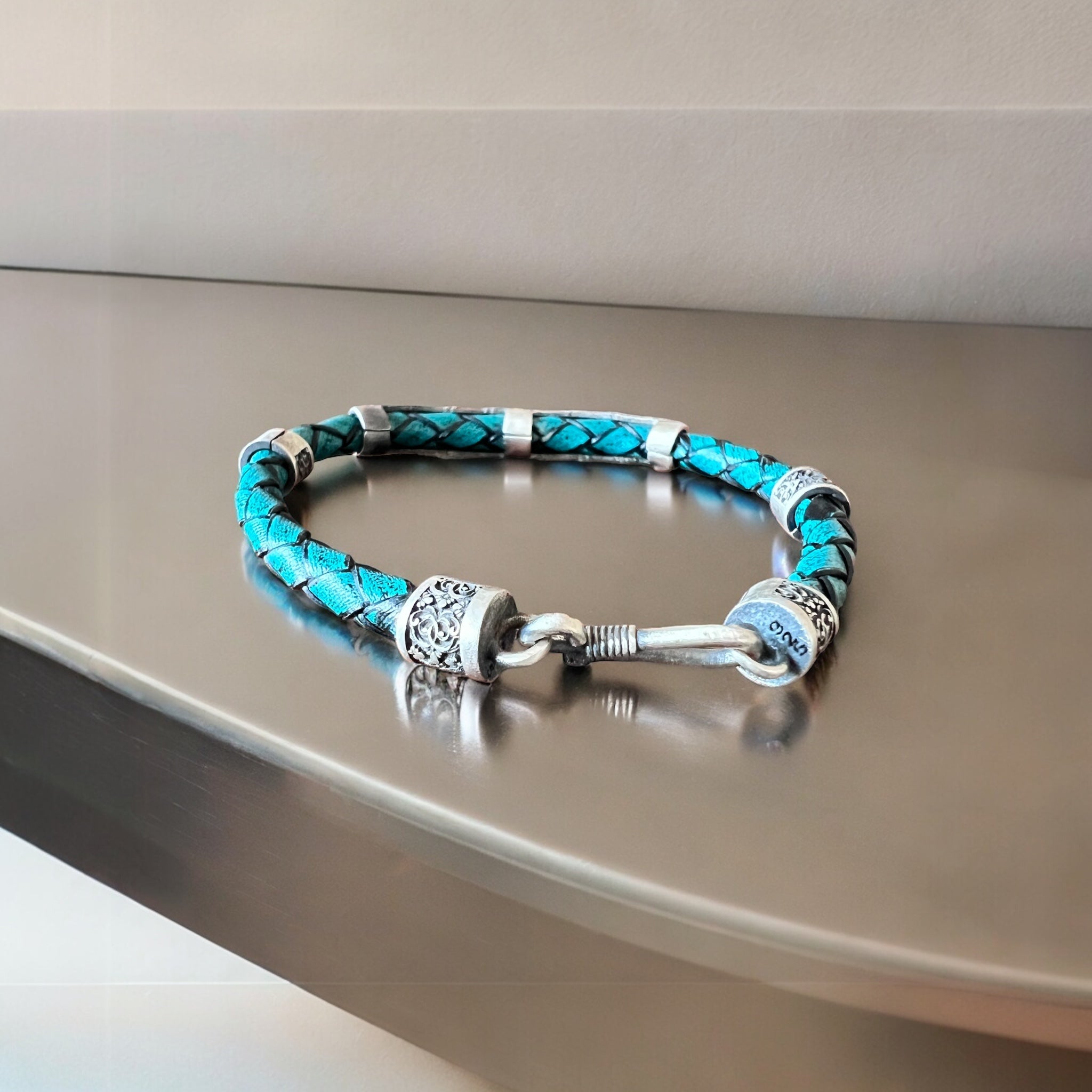 Premium Armband, echt Leder, 925er echt Silber Material