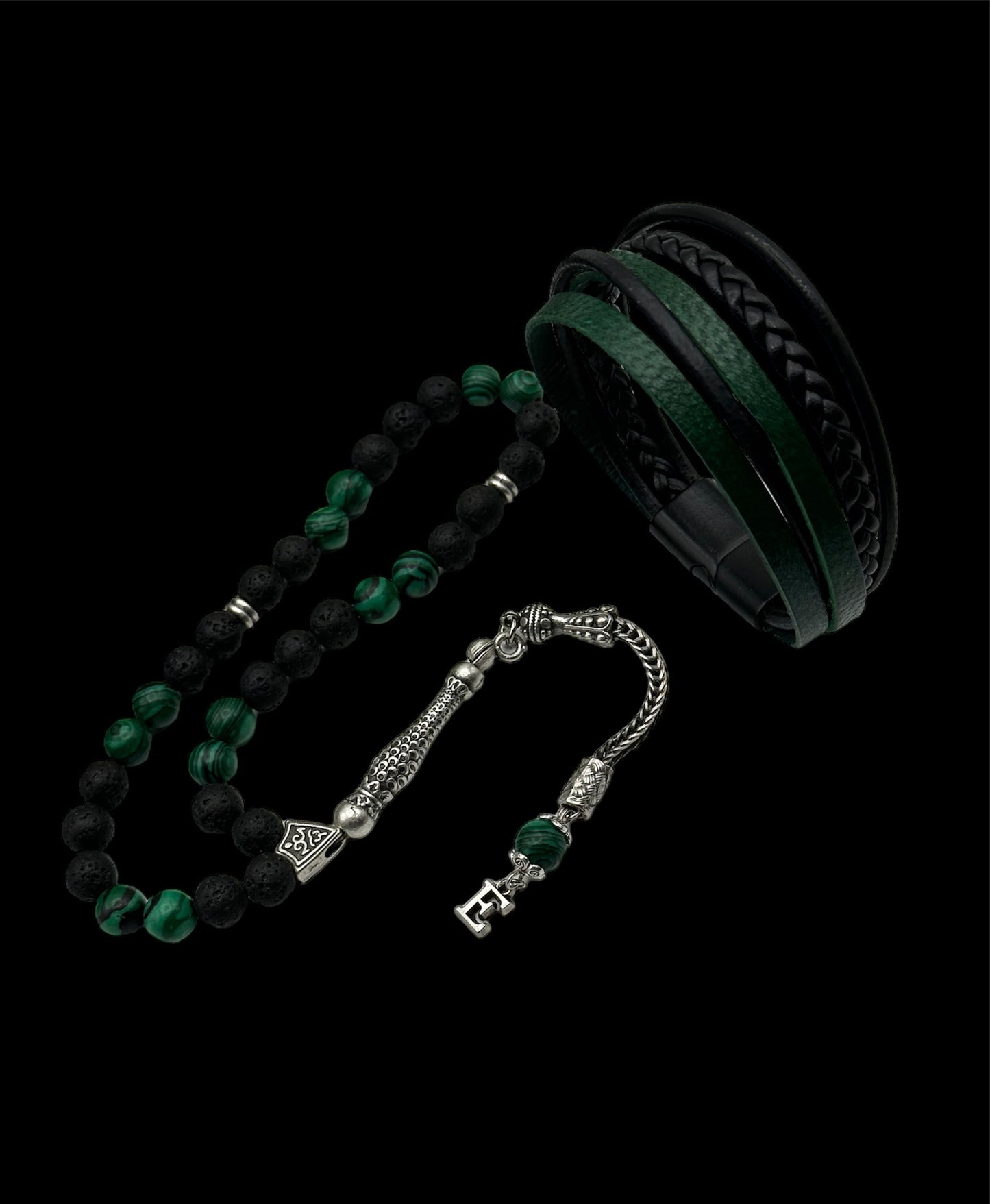 Gebetskette Mit Namen, Kombination Mit Echt Leder Armband, Tesbih Set, 33 Perlen Mit Buchstaben Anhänger