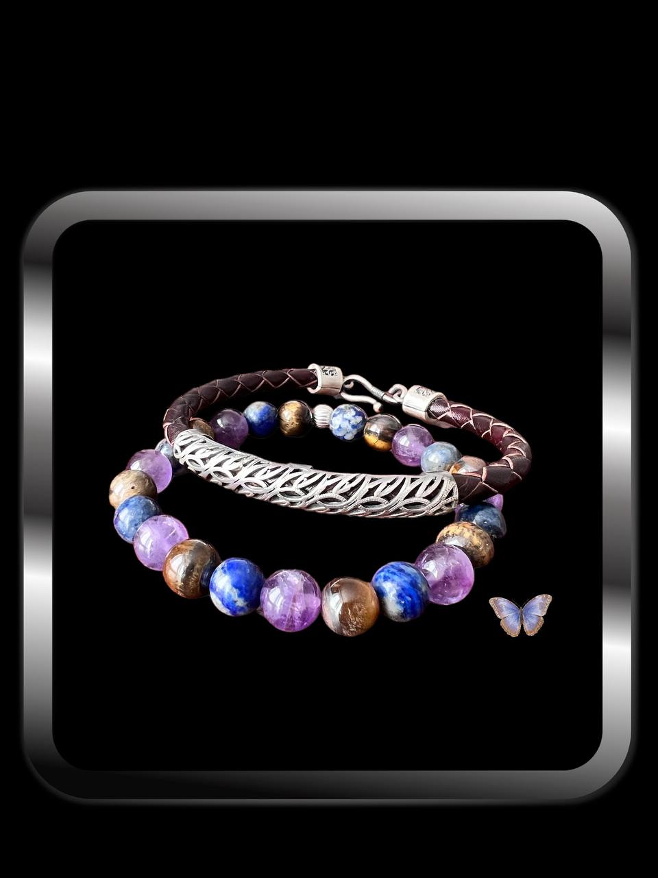 Merano - Handgefertigtes Armband-Set aus Leder + 925er Echt Silber und Edelsteinen