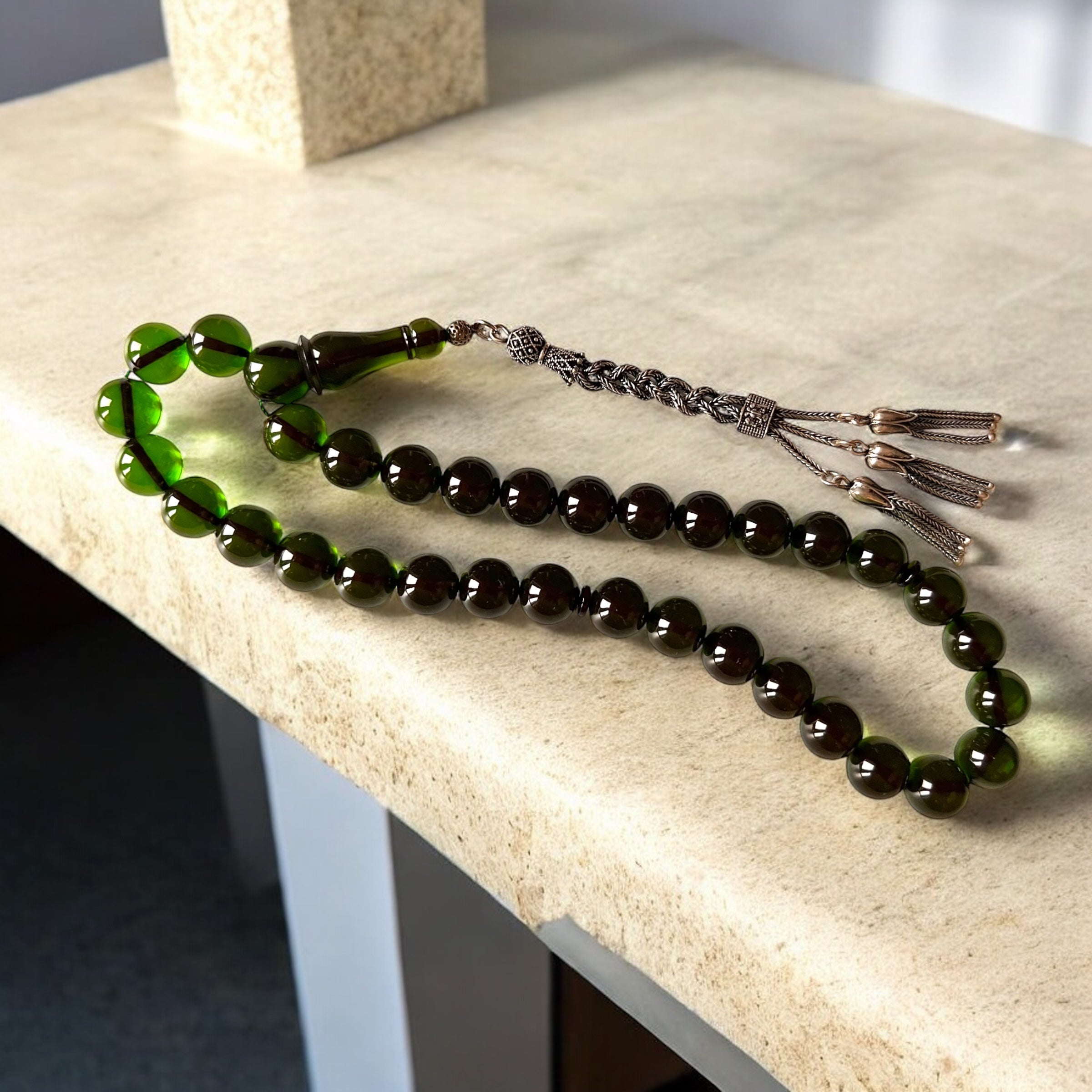 Orman Yeşili Özel Koleksiyon Tesbih - Ateş kehribar