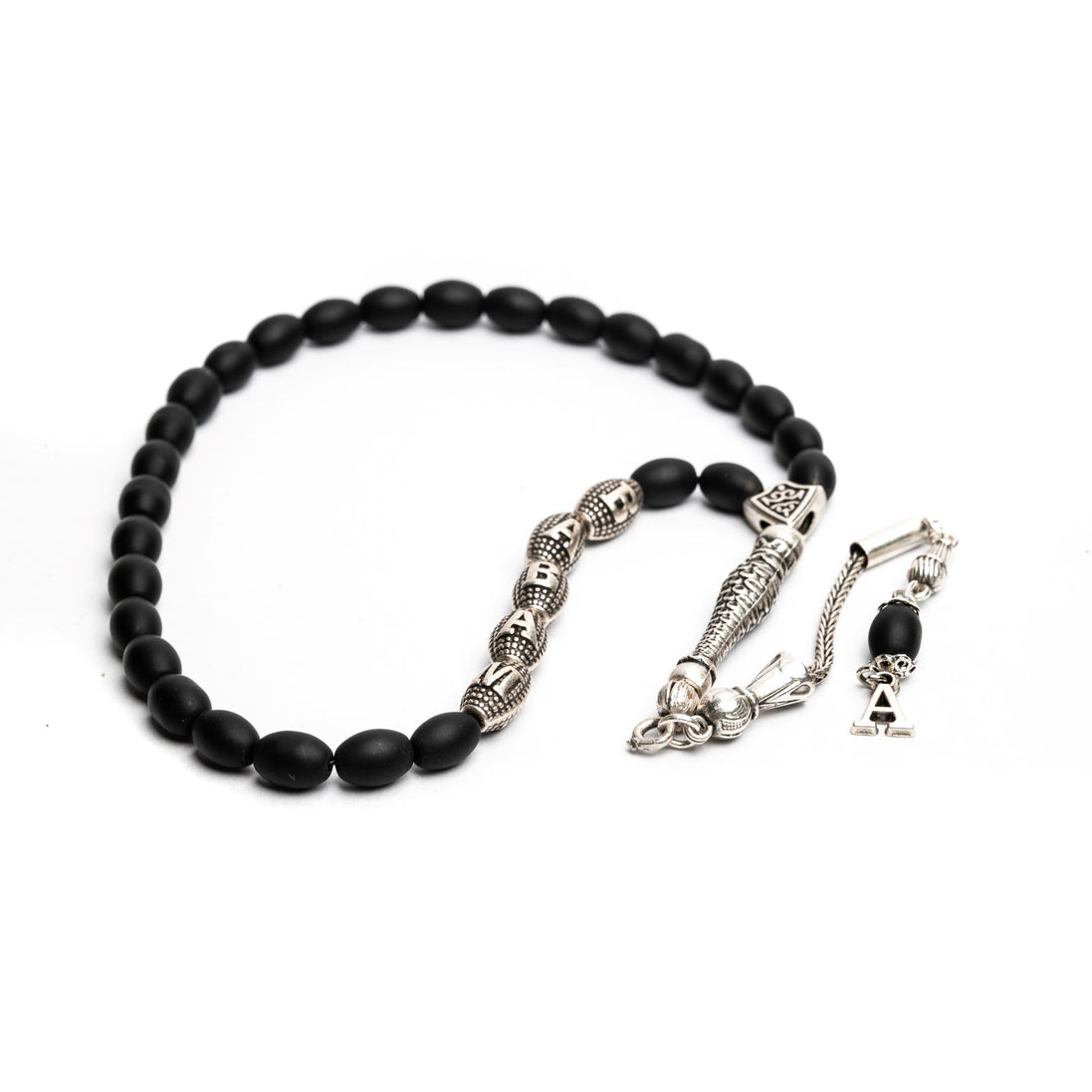 Onyx-Naturstein-Gebetskette im Gerstenkornschliff + Geschenkarmband, personalisiert mit Namen und optional mit Quaste