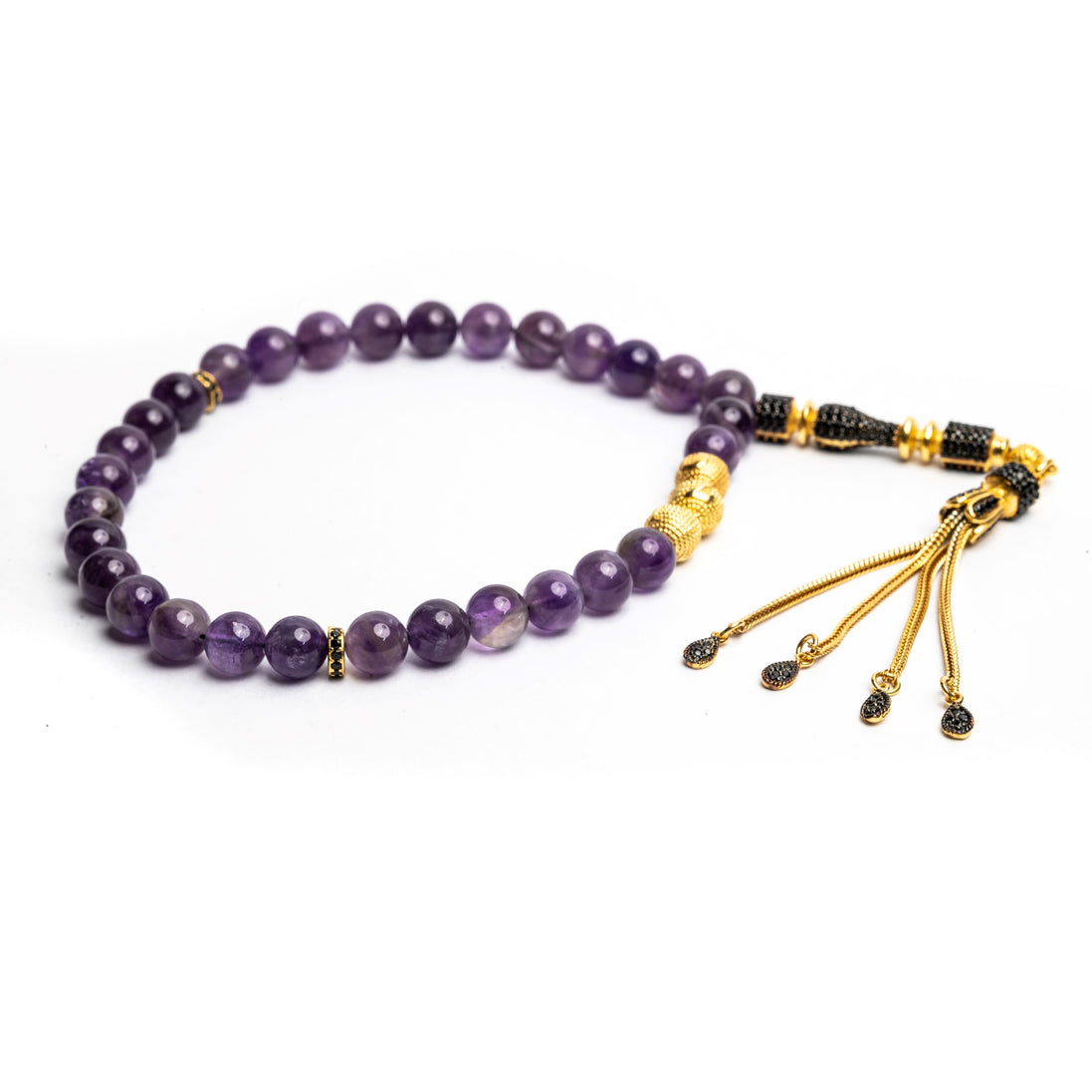 Beruhigender Amethyst-Naturstein-Gebetsrosenring, komplett vergoldeter Silber-Imame mit Buchstaben- und Zirkonia-Verzierung, personalisierter Gebetsrosenring