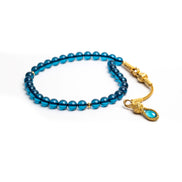 Mavi Ateş Kehribar Tesbih, 1000 Ayar Gümüş + 14 Ayar Altın Kaplama Kazaz Püskül