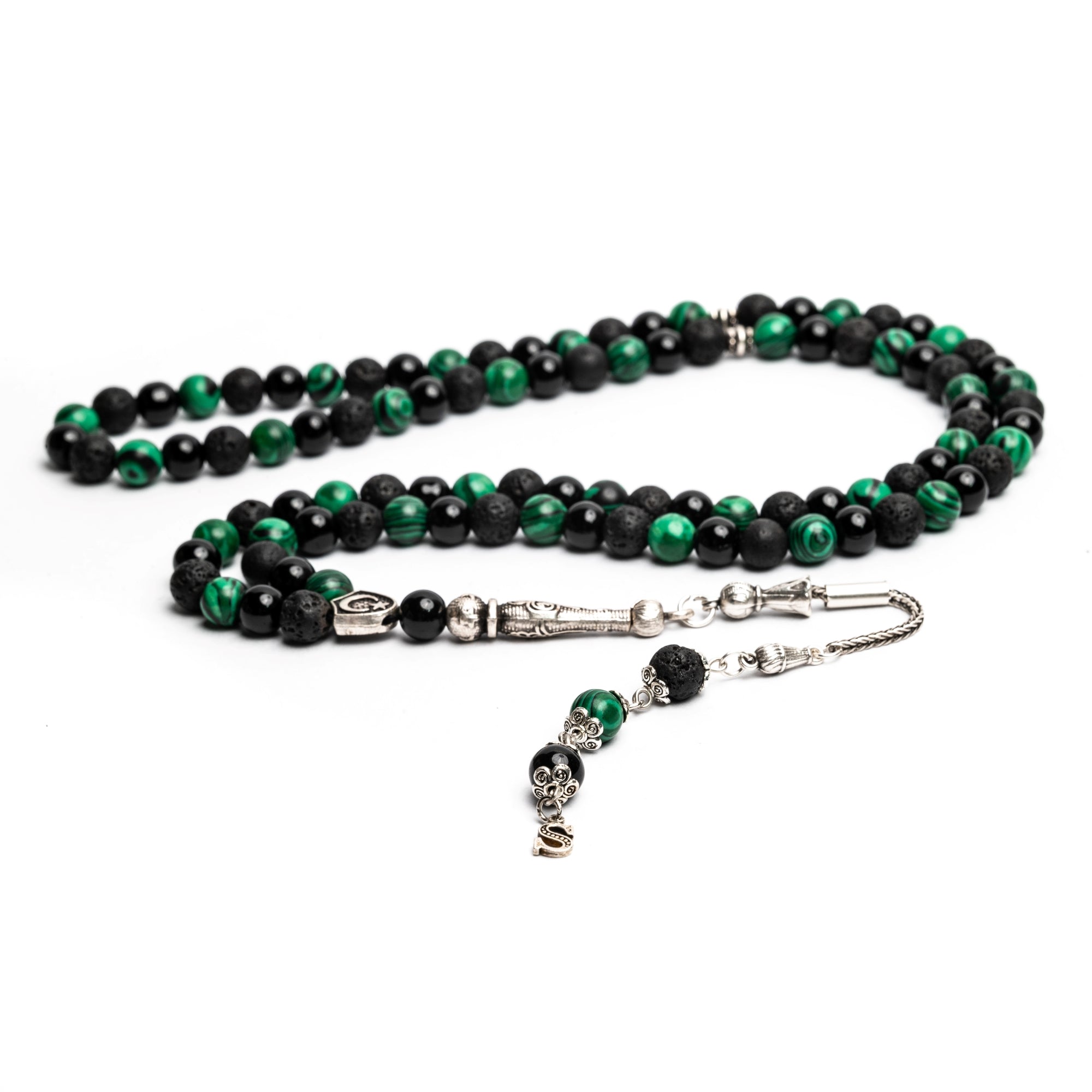 99 Habbeli Namaz Tesbihi, Malakit & LAV Doğal Taşlı, Harfli Püskül, İlave İsim Seçenekli