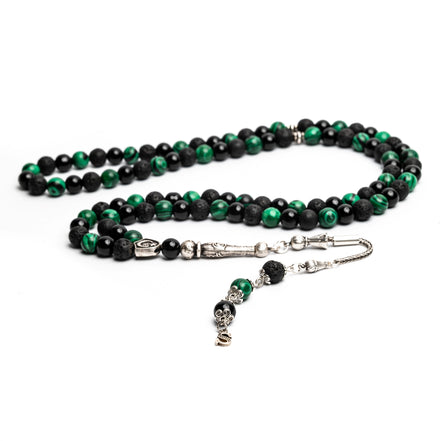 99 Habbeli Namaz Tesbihi, Malakit & LAV Doğal Taşlı, Harfli Püskül, İlave İsim Seçenekli
