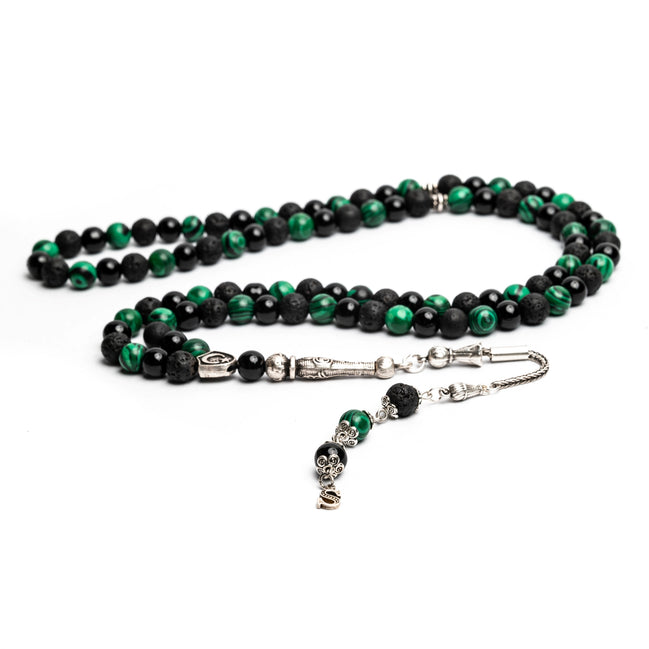 99 Habbeli Namaz Tesbihi, Malakit & LAV Doğal Taşlı, Harfli Püskül, İlave İsim Seçenekli