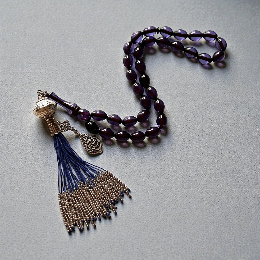 Blaue osmanische Eleganz – Gebetsketten-Spezialkollektion aus Feuerbernstein – Palastquaste