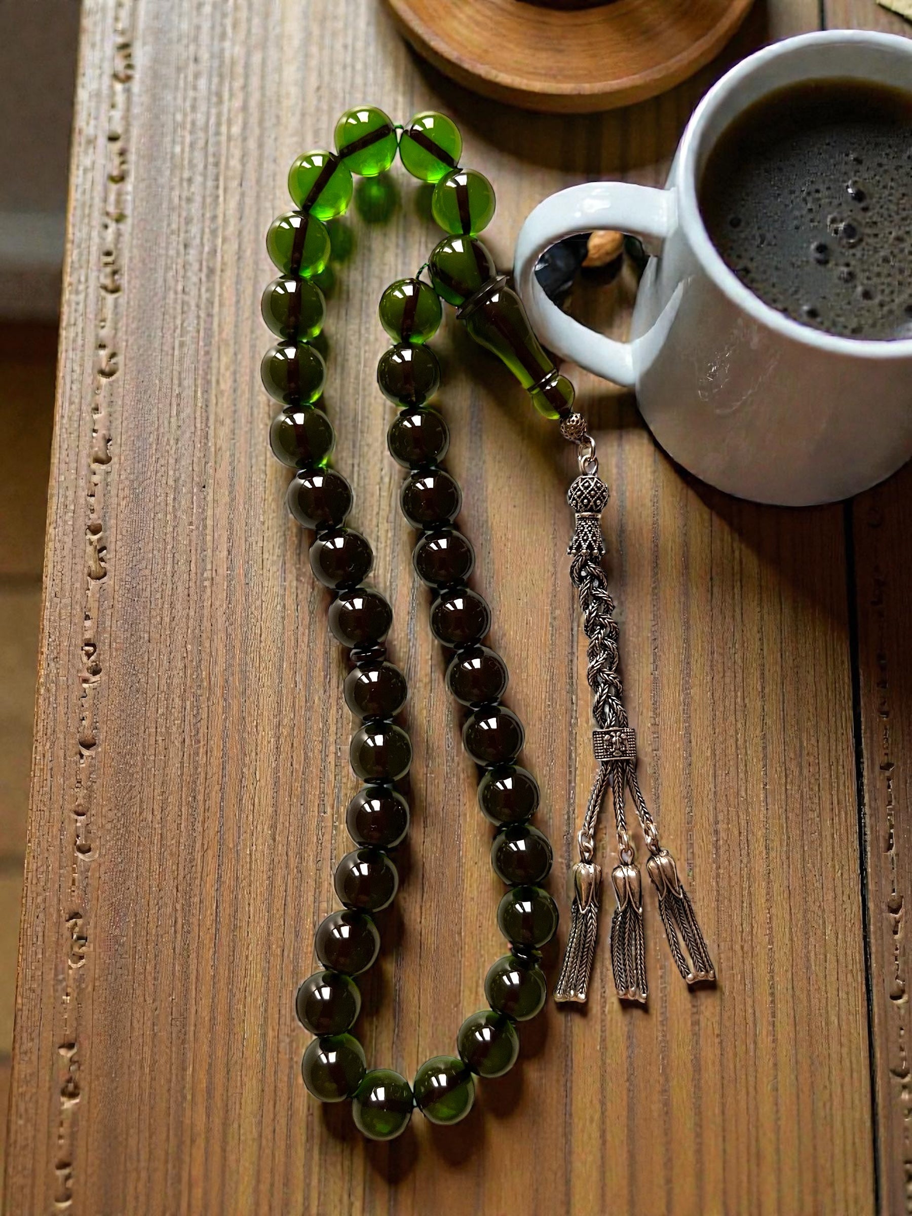 Orman Yeşili Özel Koleksiyon Tesbih - Ateş kehribar