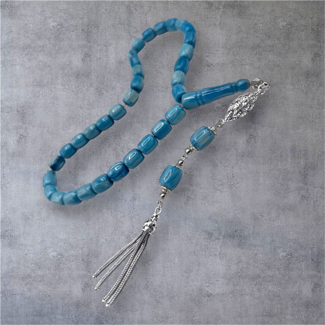 Katalin Rosenkranz Blau-Grau – Edle Gebetskette mit 925er Silber Quaste