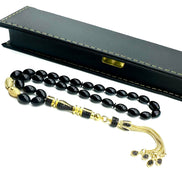 Babam Model, Şık Tasarım, Siyah Ateş Kehribar, Komple 925 Ayar Gümüş - 14 Ayar Altın Kaplama Harf & Püskül, İsme Özel, 12*8 mm Ölçülerinde, 33 Habbe