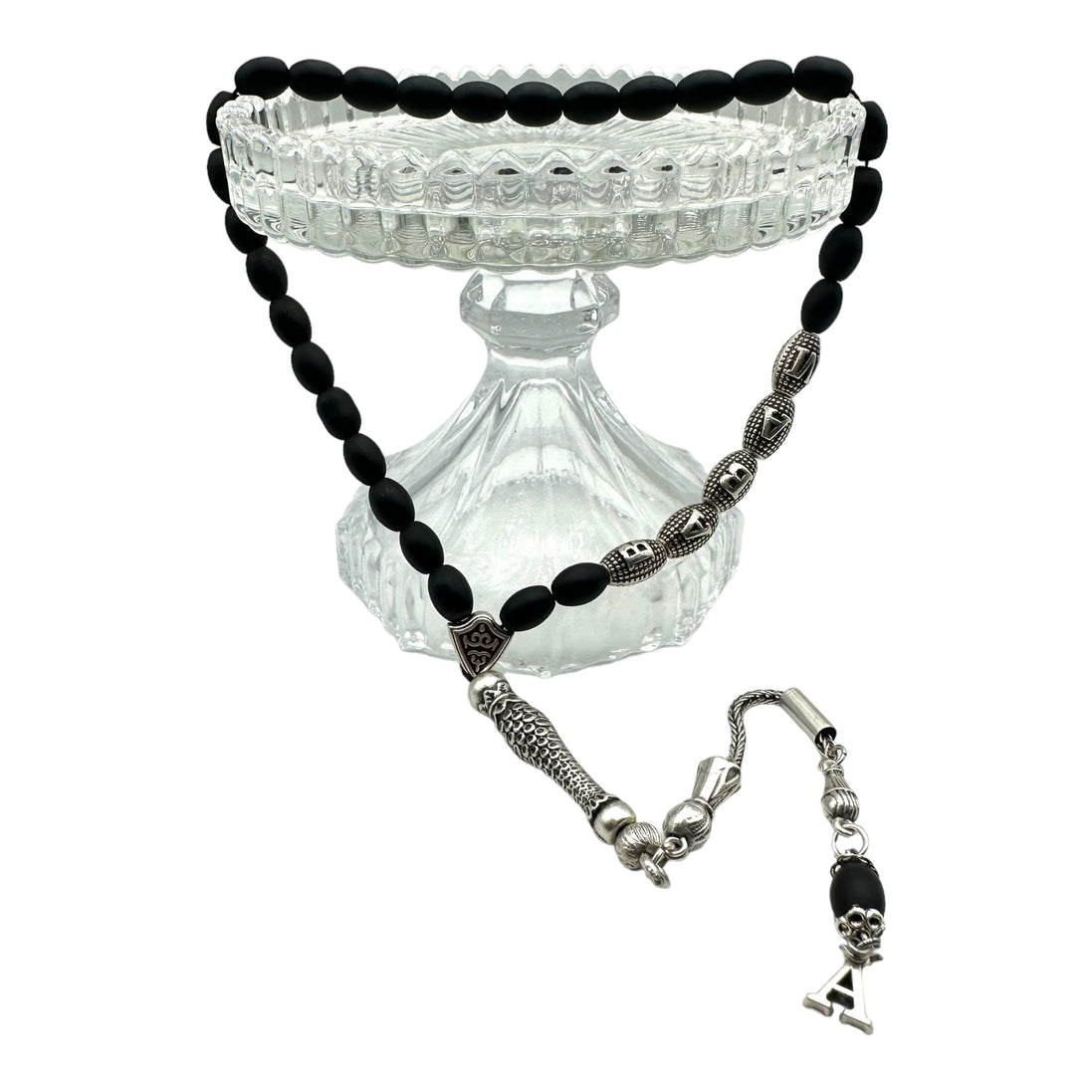 Onyx-Naturstein-Gebetskette im Gerstenkornschliff + Geschenkarmband, personalisiert mit Namen und optional mit Quaste