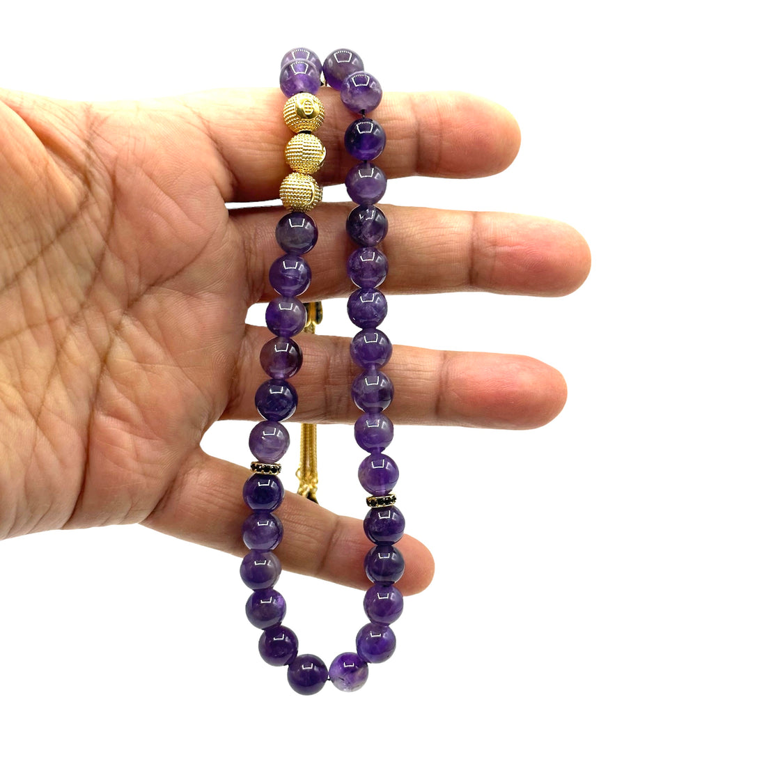 Beruhigender Amethyst-Naturstein-Gebetsrosenring, komplett vergoldeter Silber-Imame mit Buchstaben- und Zirkonia-Verzierung, personalisierter Gebetsrosenring