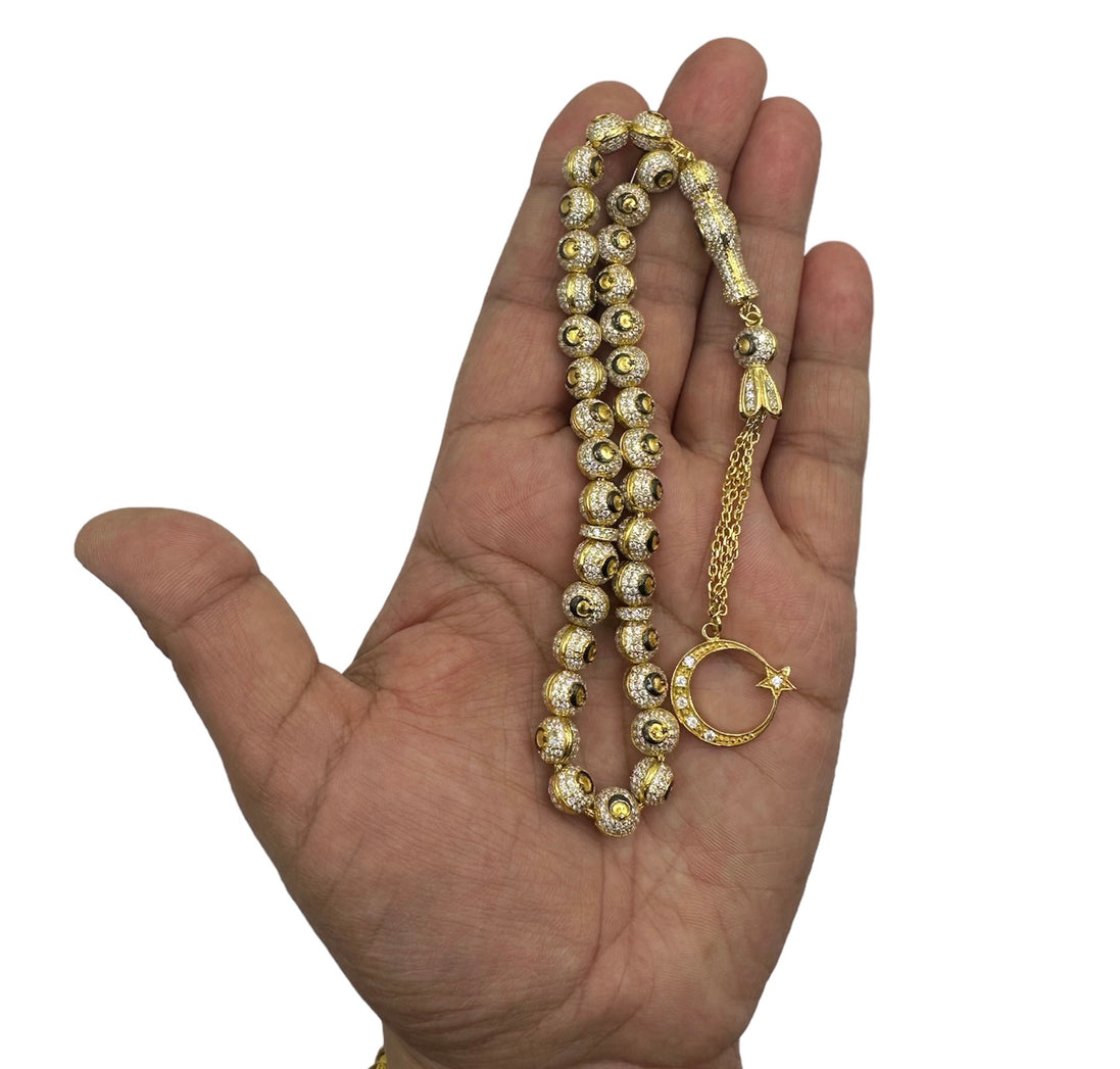 Exklusiver Gebetsrosenring für Ay Yıldız-Liebhaber – 925er Sterlingsilber mit 14-Karat-Vergoldung, jede Perle mit Ay Yıldız, Zirkonia-Verzierung, Sonderanfertigung