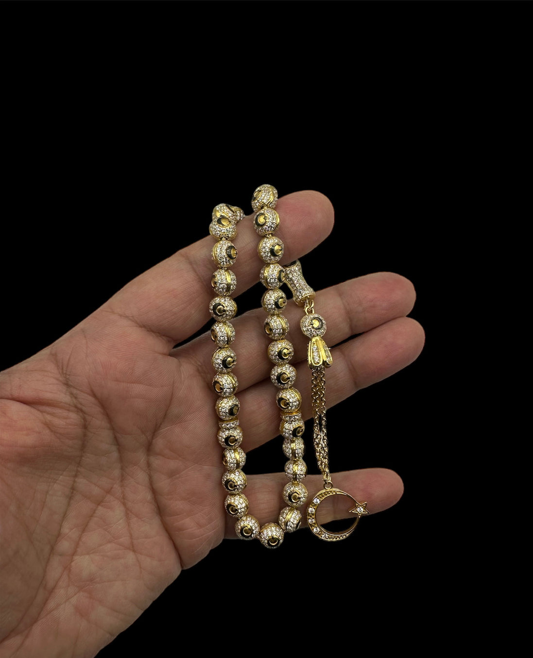 Exklusiver Gebetsrosenring für Ay Yıldız-Liebhaber – 925er Sterlingsilber mit 14-Karat-Vergoldung, jede Perle mit Ay Yıldız, Zirkonia-Verzierung, Sonderanfertigung