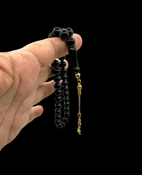 Oltu Tesbih, 925 Ayar Hakiki Gümüş 14 Ayar Altınkaplama Püskül, Harf Seçenekli, 33 Habbe