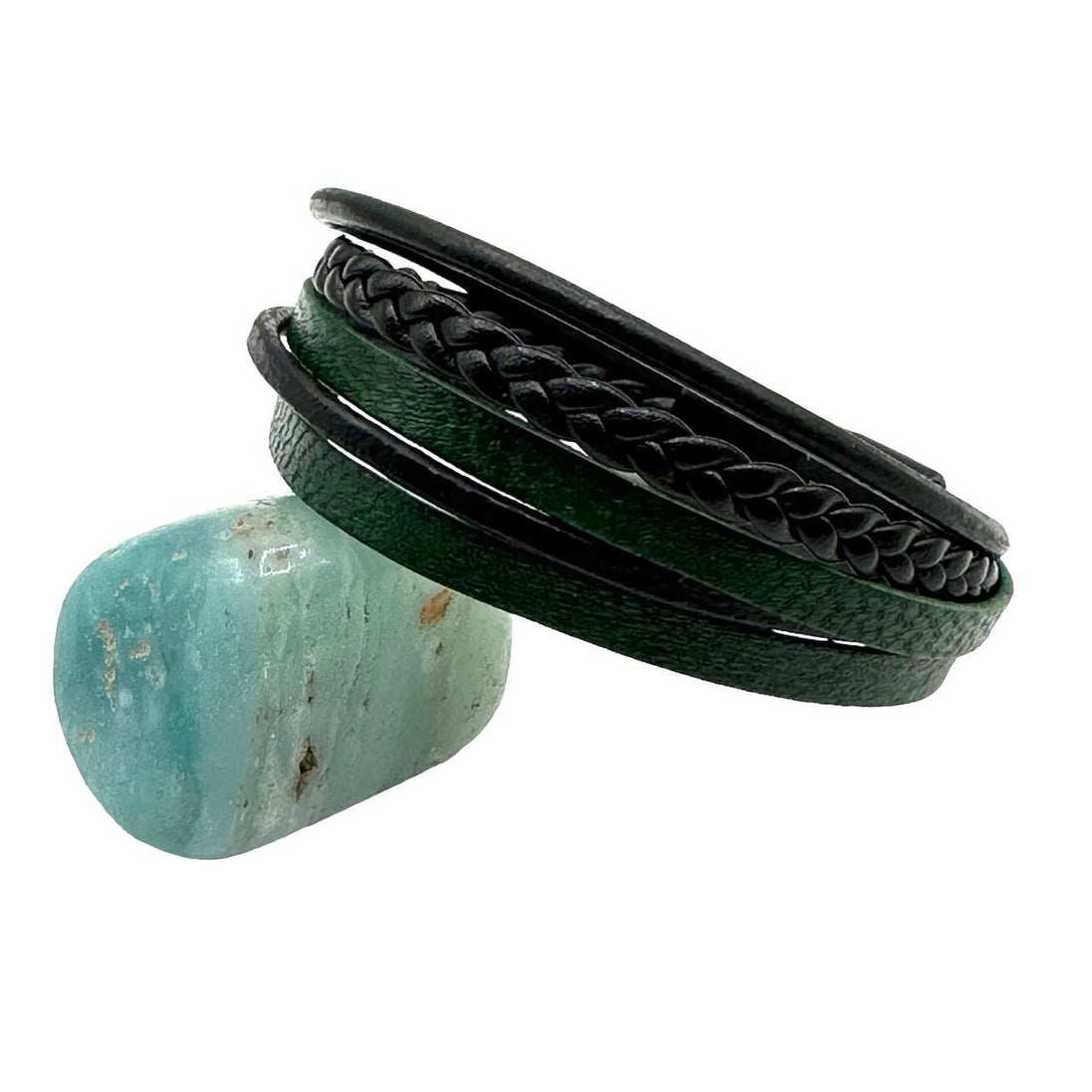 Grün-schwarzes Lederarmband, Modell mit Manschettenverschluss, breites Armbandmodell
