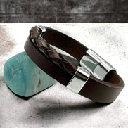 Kahverengi Deri Bileklik, Metal Motif Erkek Bileklik, Mıknatıslı Kelepçe