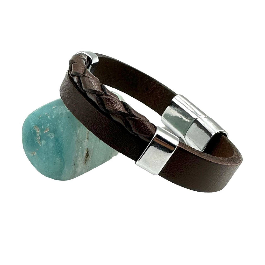 Braunes Lederarmband, Herrenarmband mit Metallmotiv, magnetisches Armband