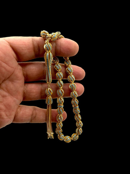 SARAY MODEL, Komple 925 Ayar Gümüş Tesbih, 14 Ayar Altın Kaplama, İşlemeler Firuze Taşı