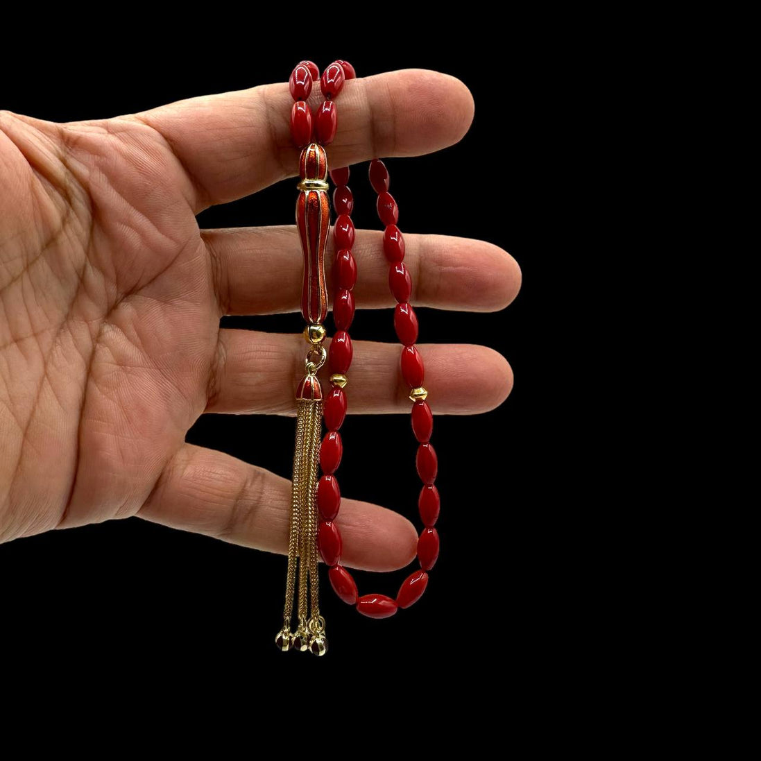 Kırmızı Sedef Doğal Taş Tesbih, Arpa Kesim, 925 Ayar Komple Gümüş Mineli İmame, Elit Tesbih