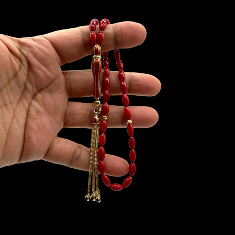 Kırmızı Sedef Doğal Taş Tesbih, Arpa Kesim, 925 Ayar Komple Gümüş Mineli İmame, Elit Tesbih