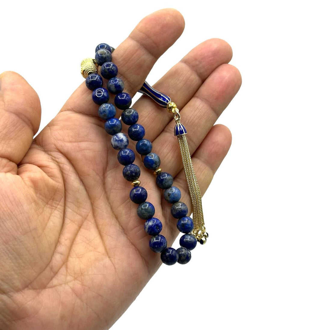 Blauer Stein, Lapislazuli, echtvergoldetes Silber-Buchstaben- und Quasten-Imame, Ofenlack-Imame, Tasbih mit Namen