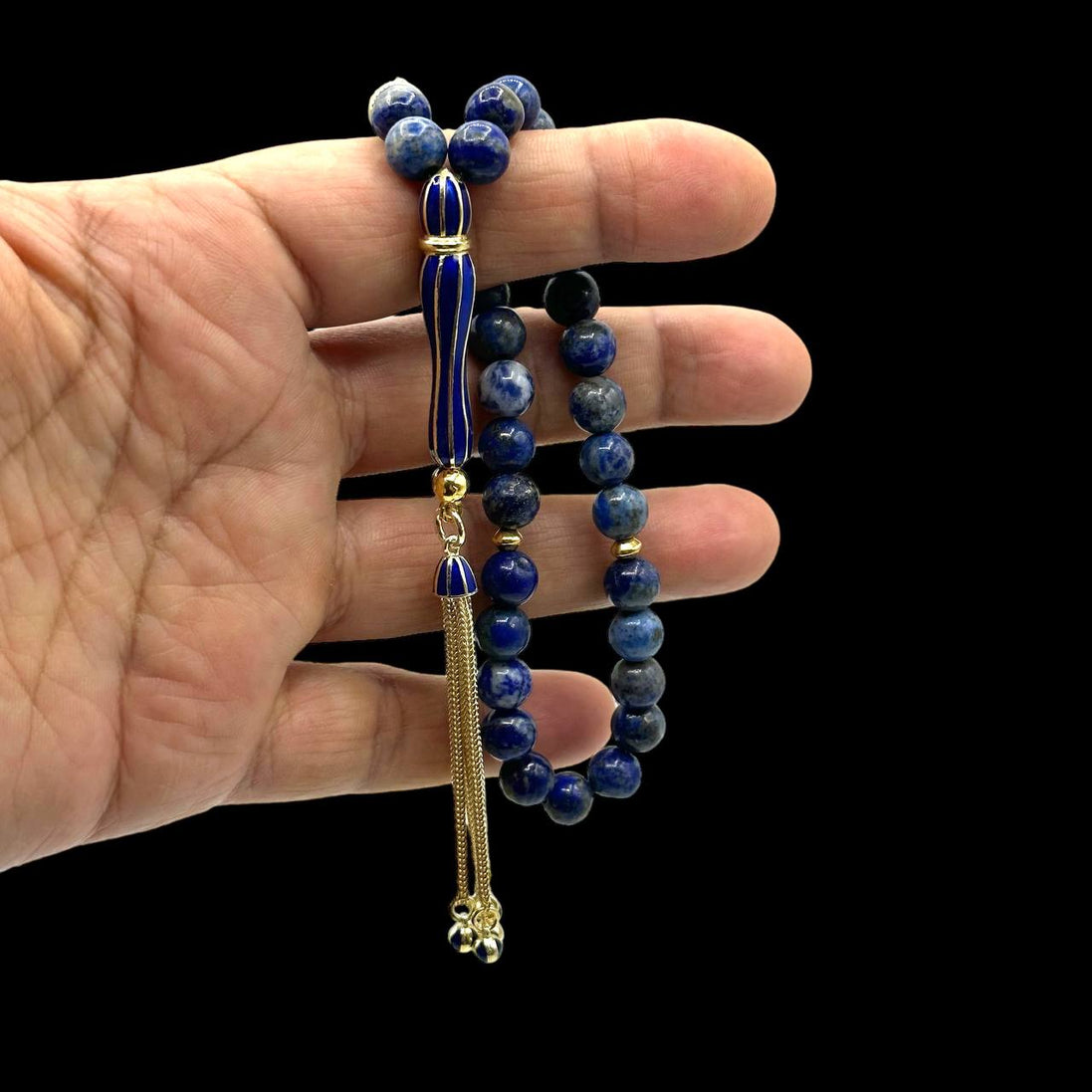 Blauer Stein, Lapislazuli, echtvergoldetes Silber-Buchstaben- und Quasten-Imame, Ofenlack-Imame, Tasbih mit Namen