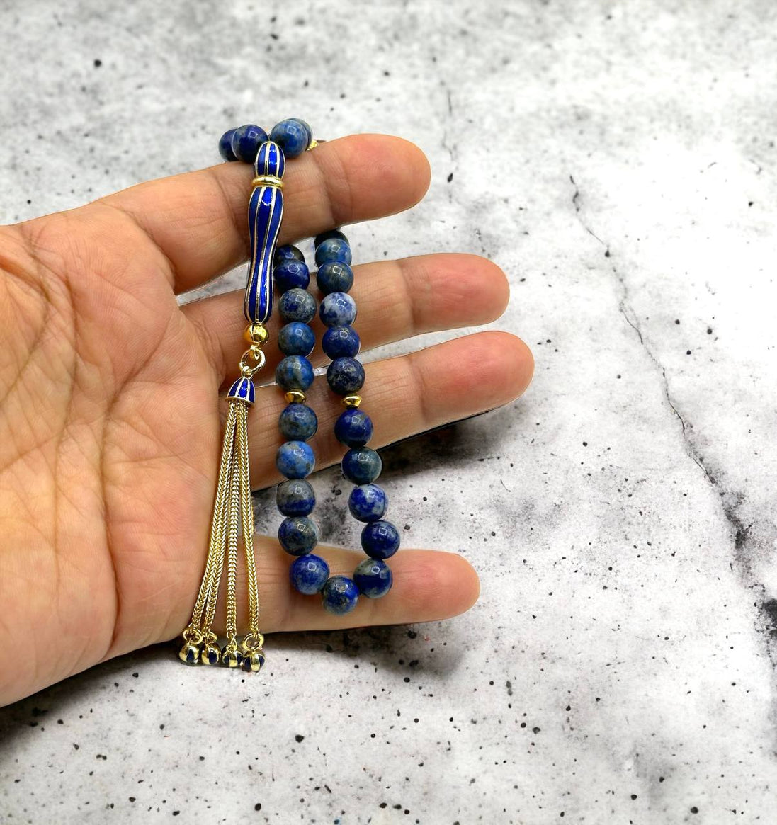 Blauer Stein, Lapislazuli, echtvergoldetes Silber-Buchstaben- und Quasten-Imame, Ofenlack-Imame, Tasbih mit Namen