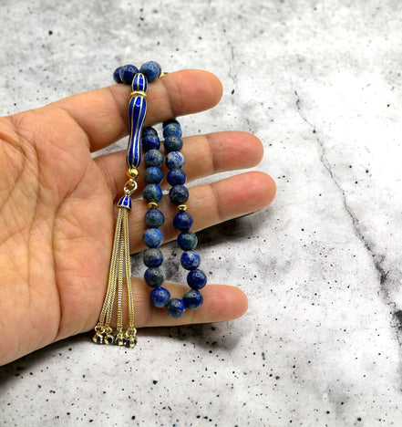 Mavi Taş, Lapislazuli Lapis Taşı, Hakiki Gümüş Altınkaplama Harf Ve Püskül, Fırın Boya İmame, İsimli Tesbih