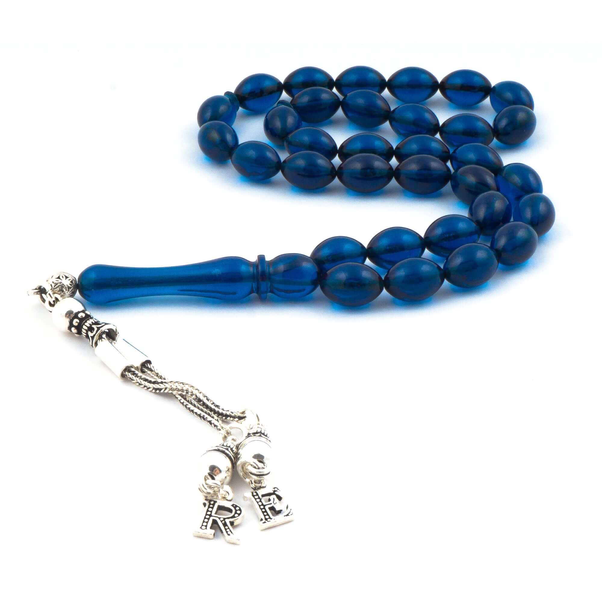 TMN I Ateş Kehribar Tesbih I Mavi I Harfli Özel Püskül - Tesbih Mit Namen