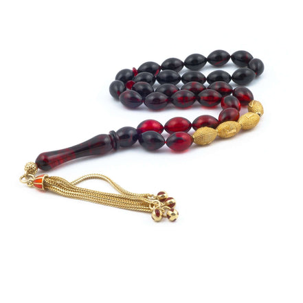 Tesbih Mit Namen I İsimli Ateş Kehribar I Kırmızı I Altın Kaplama - Tesbih Mit Namen